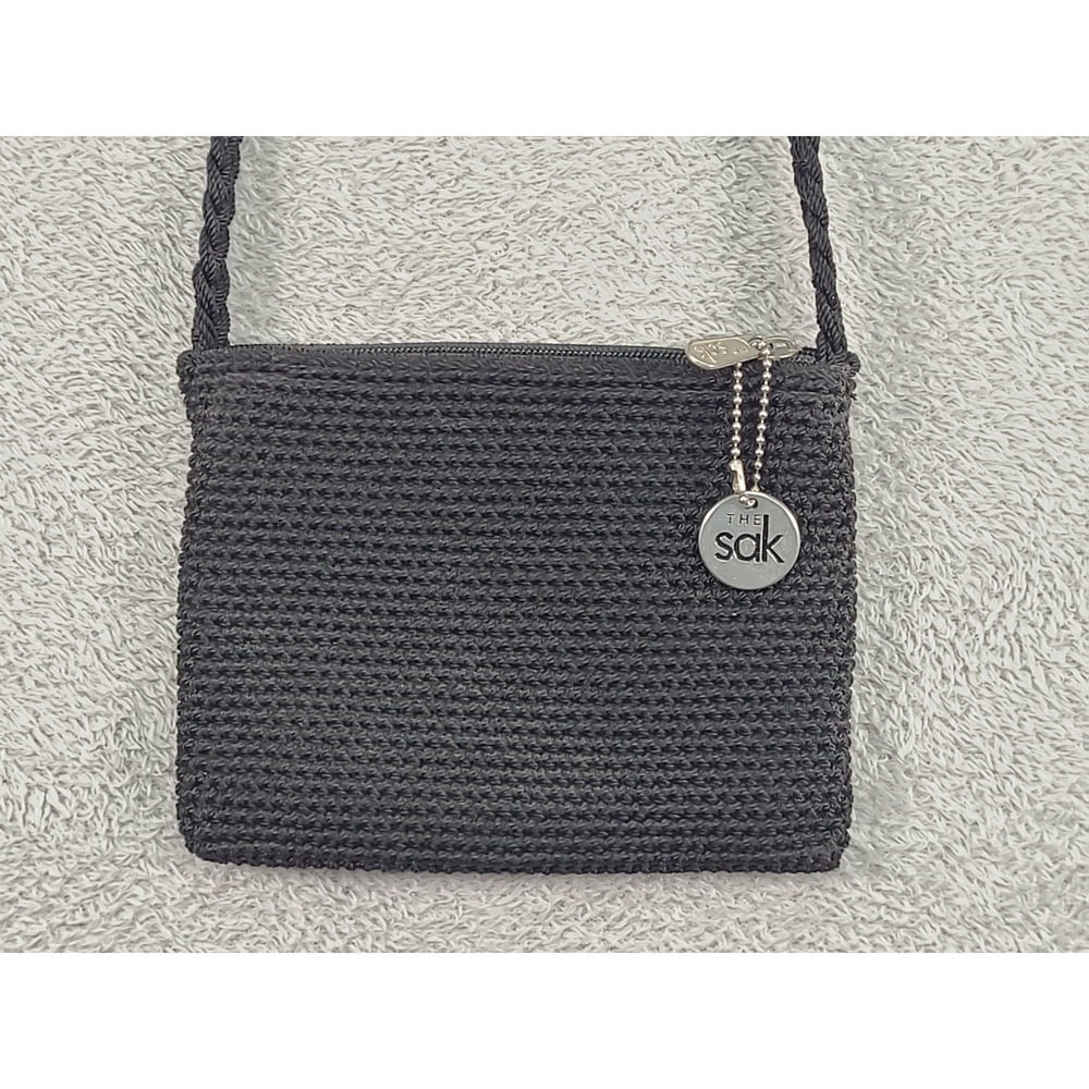 The Sak Black Crochet Crossbody Bag Small Woven Zippered Purse Braided Strap